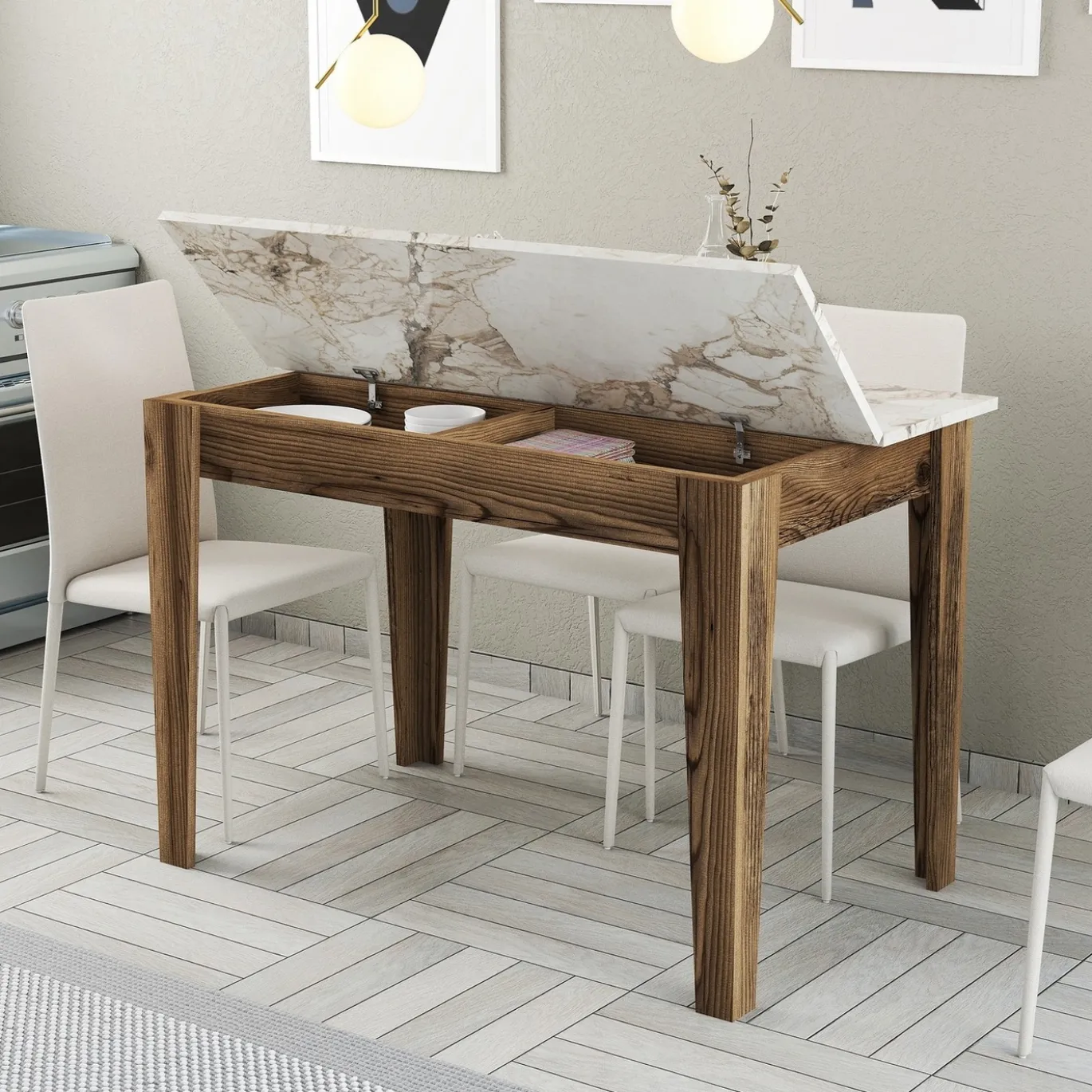Eettafel Kiev Wit/Walnoot met Opbergruimte 110cm