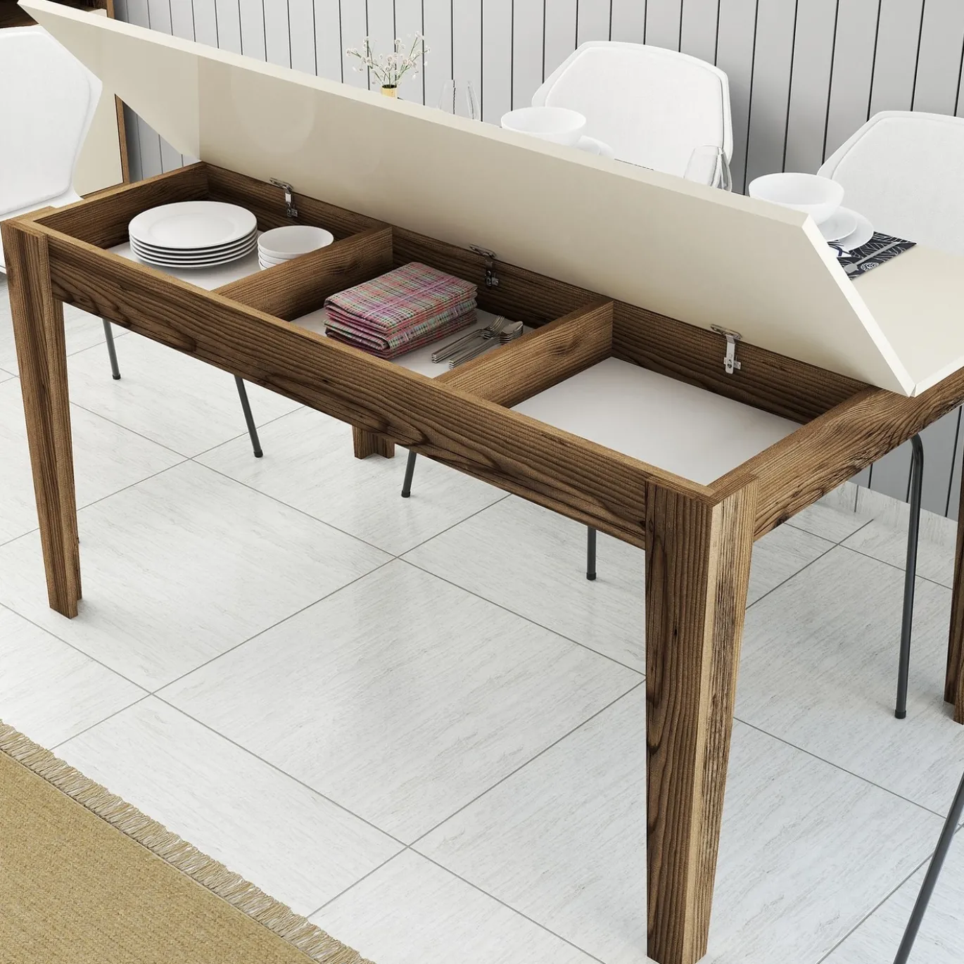 Eettafel Milan Crème/Walnoot met Opbergruimte 145cm