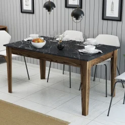 Eettafel Milan Marmerlook Zwart/Walnoot met Opbergruimte 145cm