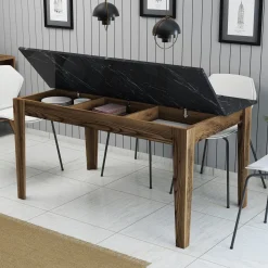 Eettafel Milan Marmerlook Zwart/Walnoot met Opbergruimte 145cm