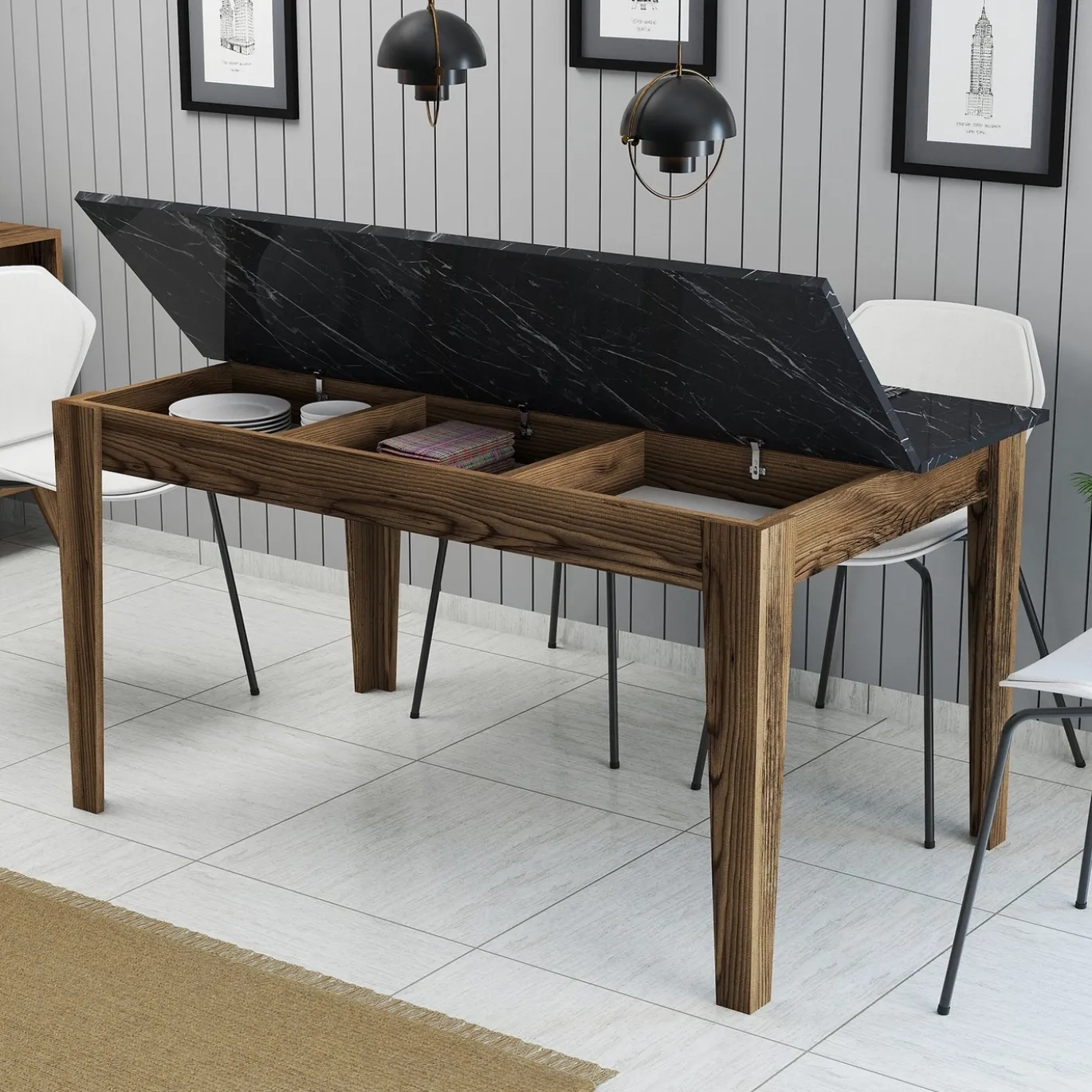 Eettafel Milan Marmerlook Zwart/Walnoot met Opbergruimte 145cm