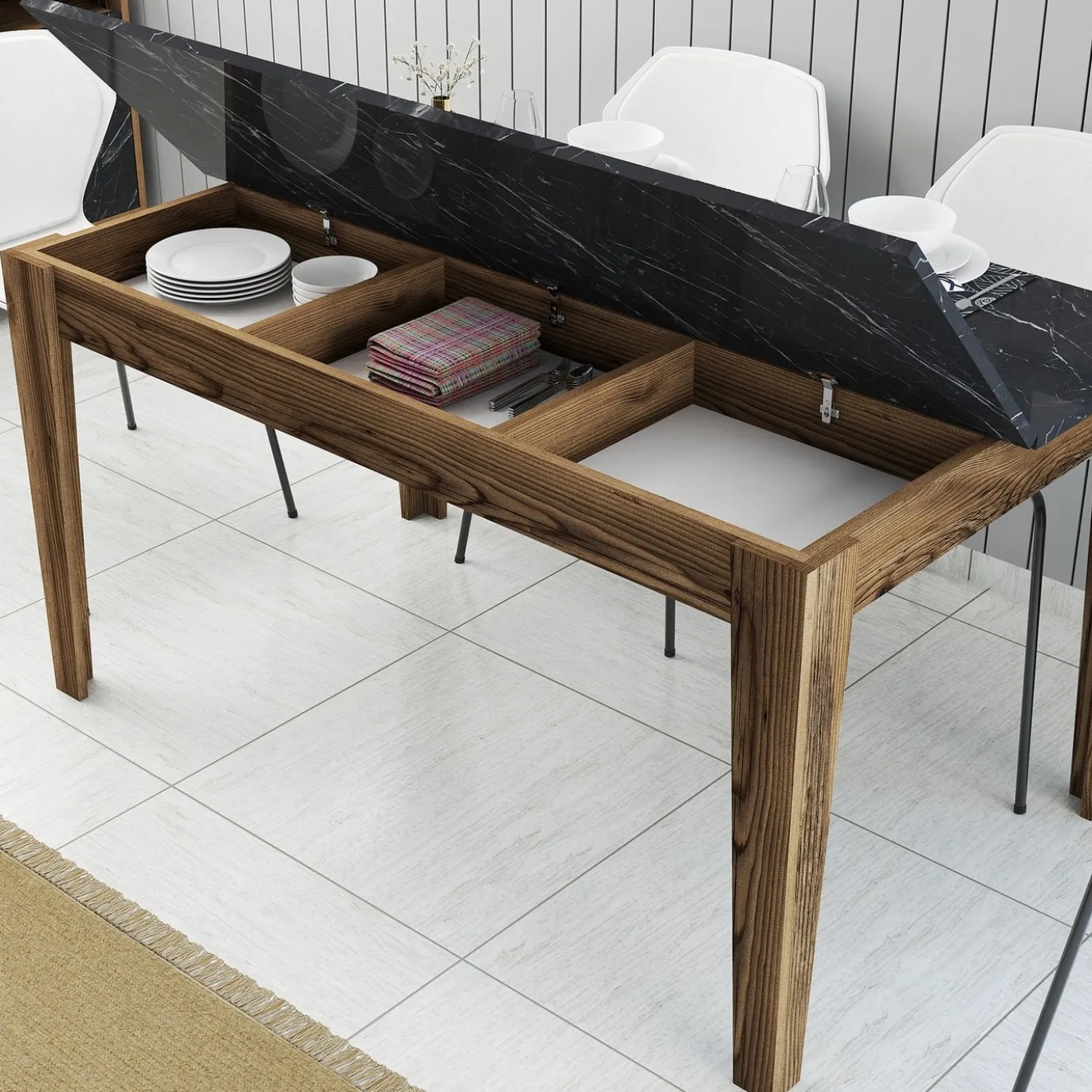 Eettafel Milan Marmerlook Zwart/Walnoot met Opbergruimte 145cm