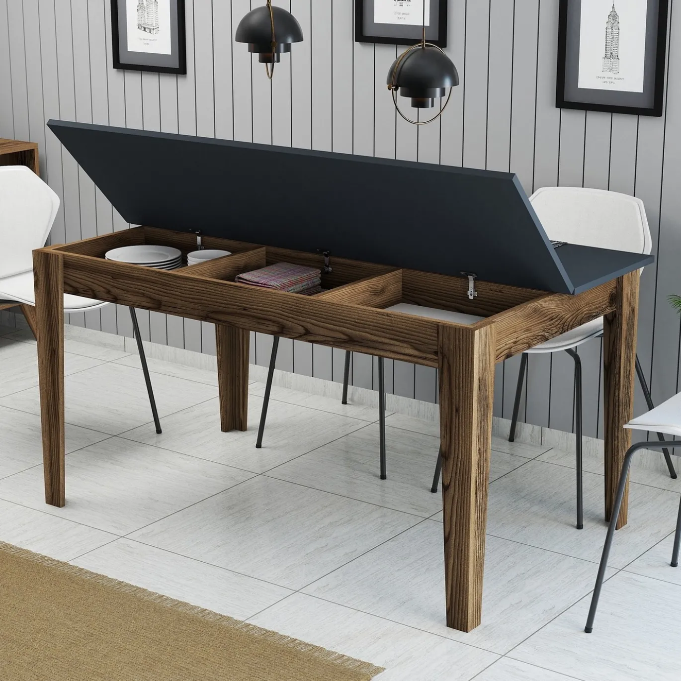 Eettafel Milan Walnoot/Antraciet met Opbergruimte 145cm