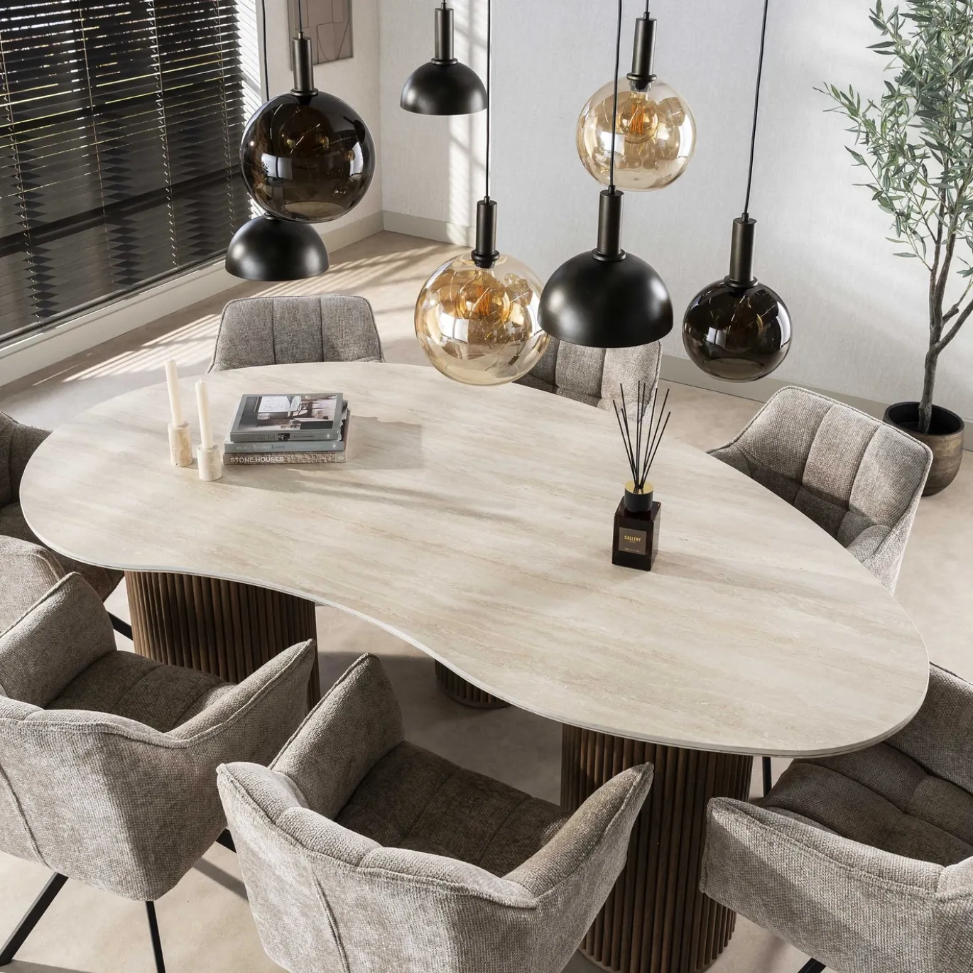 Eettafel Romano Niervormig 215cm 3d Keramiek Travertin - Giga Meubel