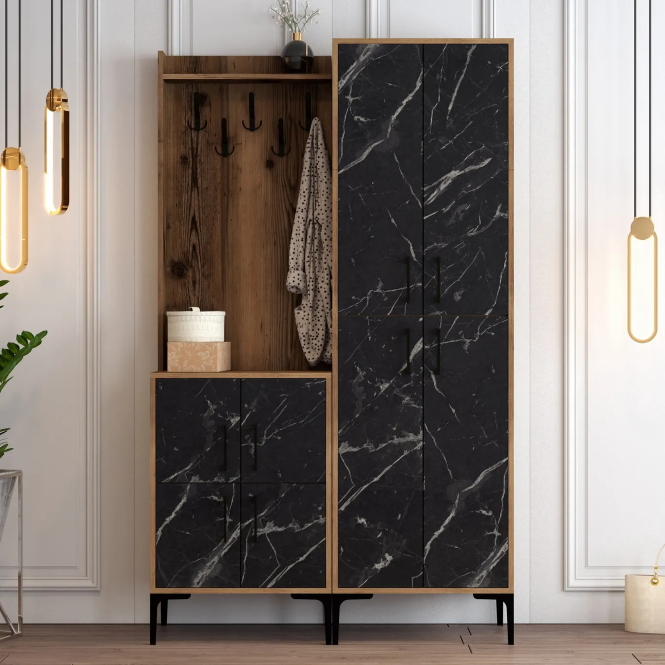 Garderobemeubel Berlin Melamine Walnoot Zwart Marmerlook