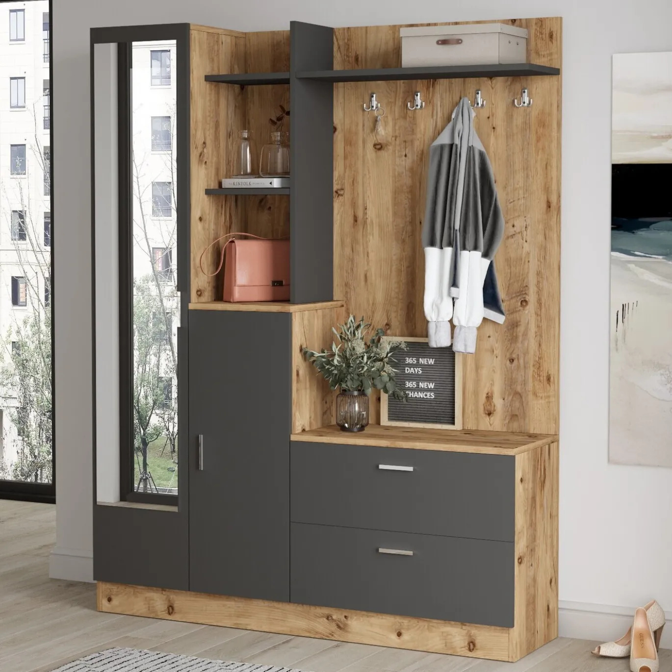 Garderobemeubel Didim Melamine Atlantic Pine Antraciet