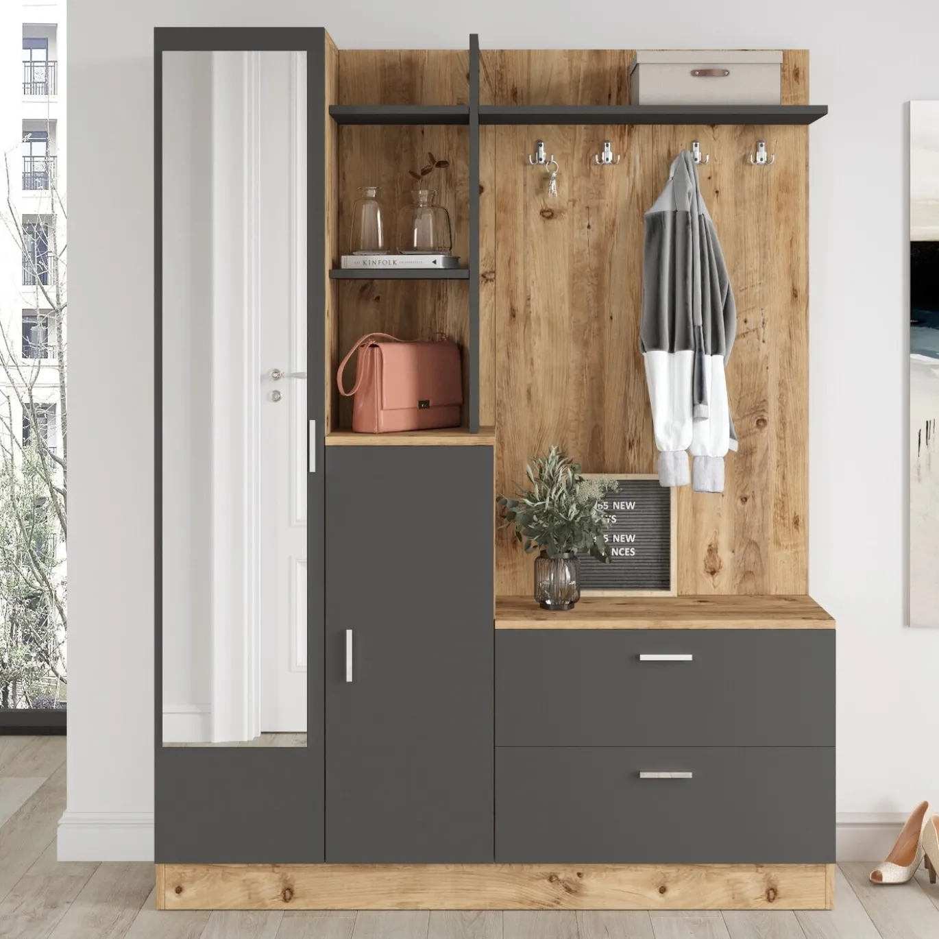 Garderobemeubel Didim Melamine Atlantic Pine Antraciet