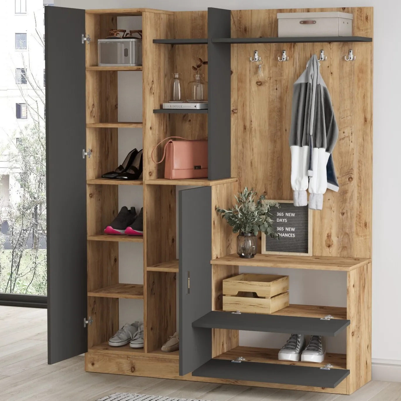 Garderobemeubel Didim Melamine Atlantic Pine Antraciet