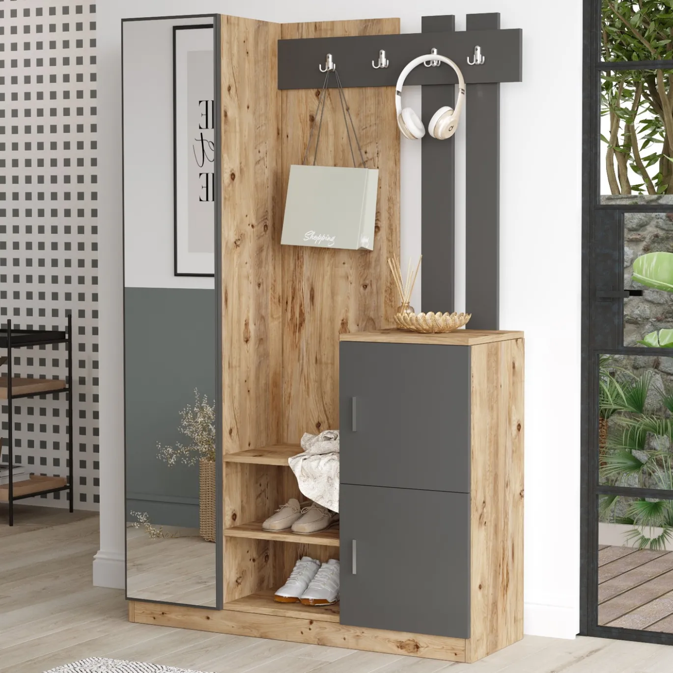 Garderobemeubel Didim Naturel/Antraciet S