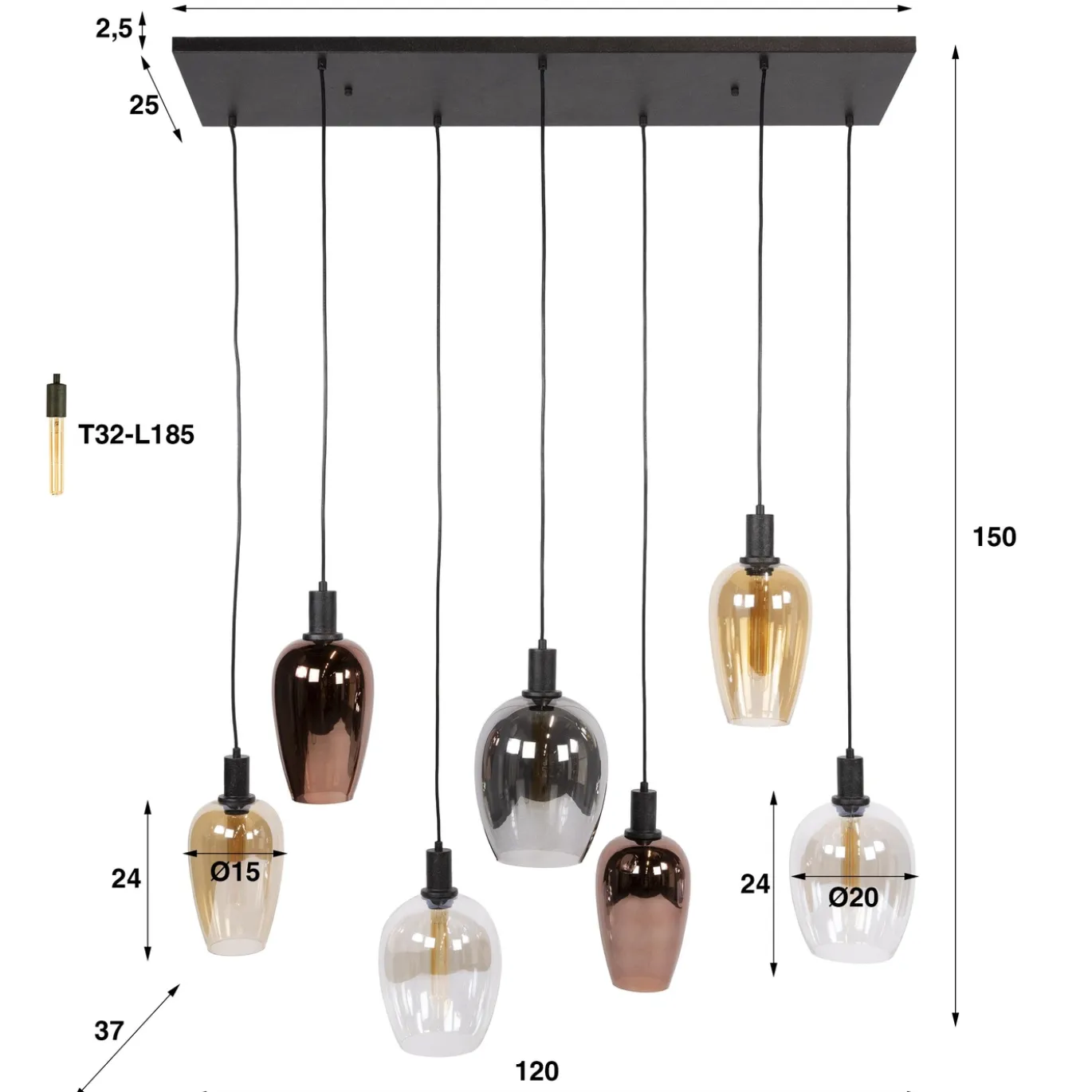 Hanglamp Amfora 7-lichts Artic Zwart - Giga Meubel