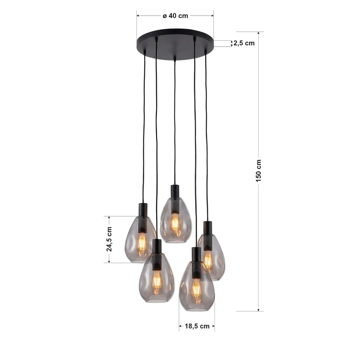 Hanglamp Anita 5-Lichts Getrapt Smoke Glas - Giga Meubel
