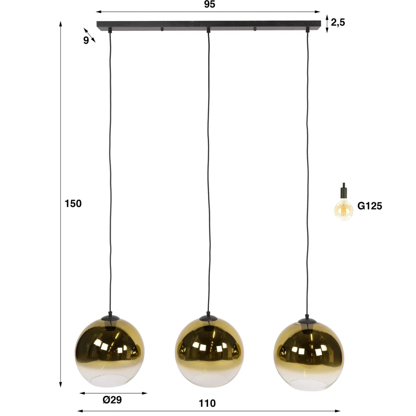 Hanglamp Bubble Shaded 3-lichts Goud - Giga Meubel