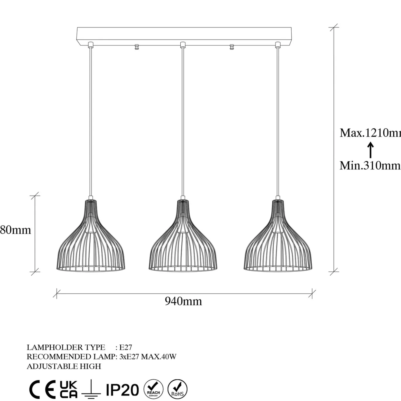 Hanglamp Cafu 3-Lichts Zwart