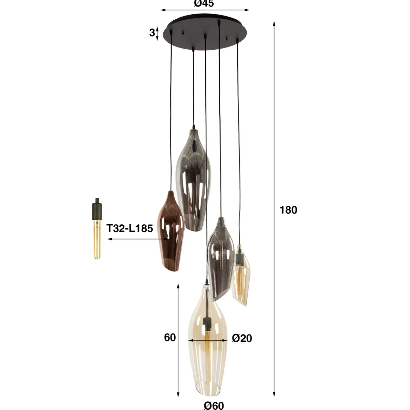 Hanglamp Cocoon Mix 5-Lichts Getrapt Glas - Giga Meubel
