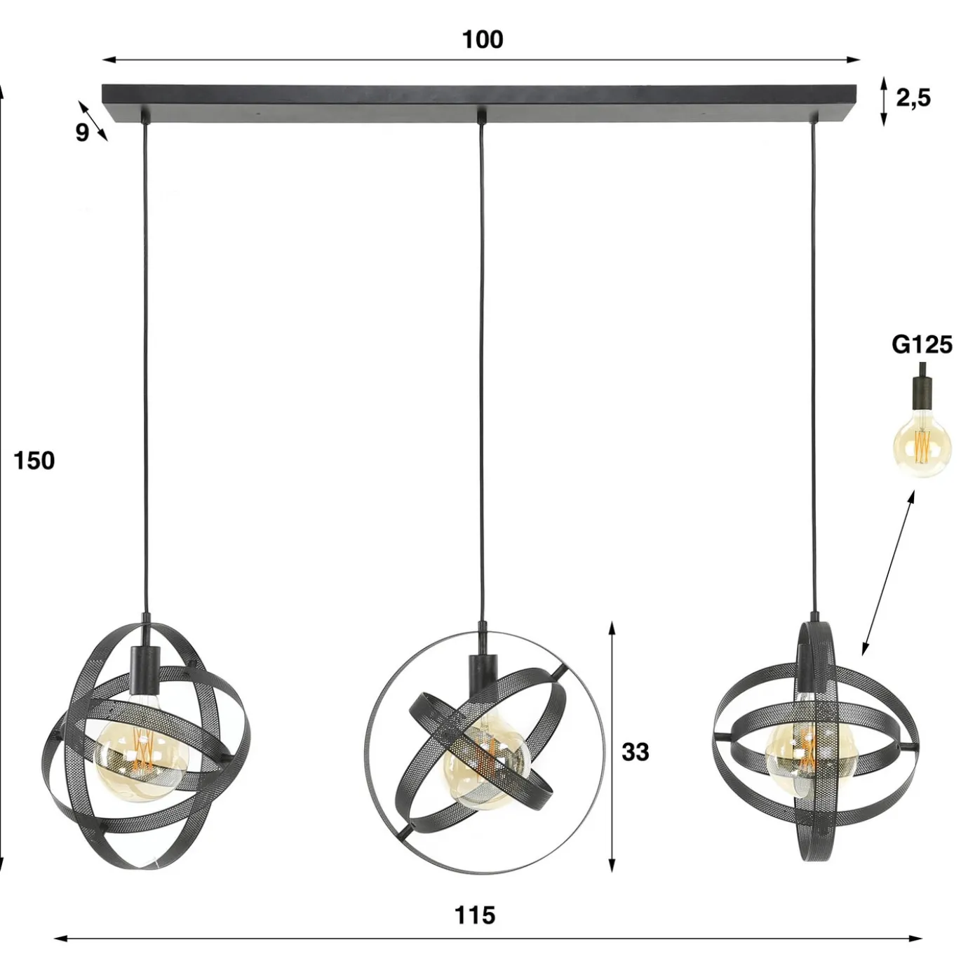 Hanglamp Cosmos Mesh 3-Lichts Artic Zwart - Giga Meubel