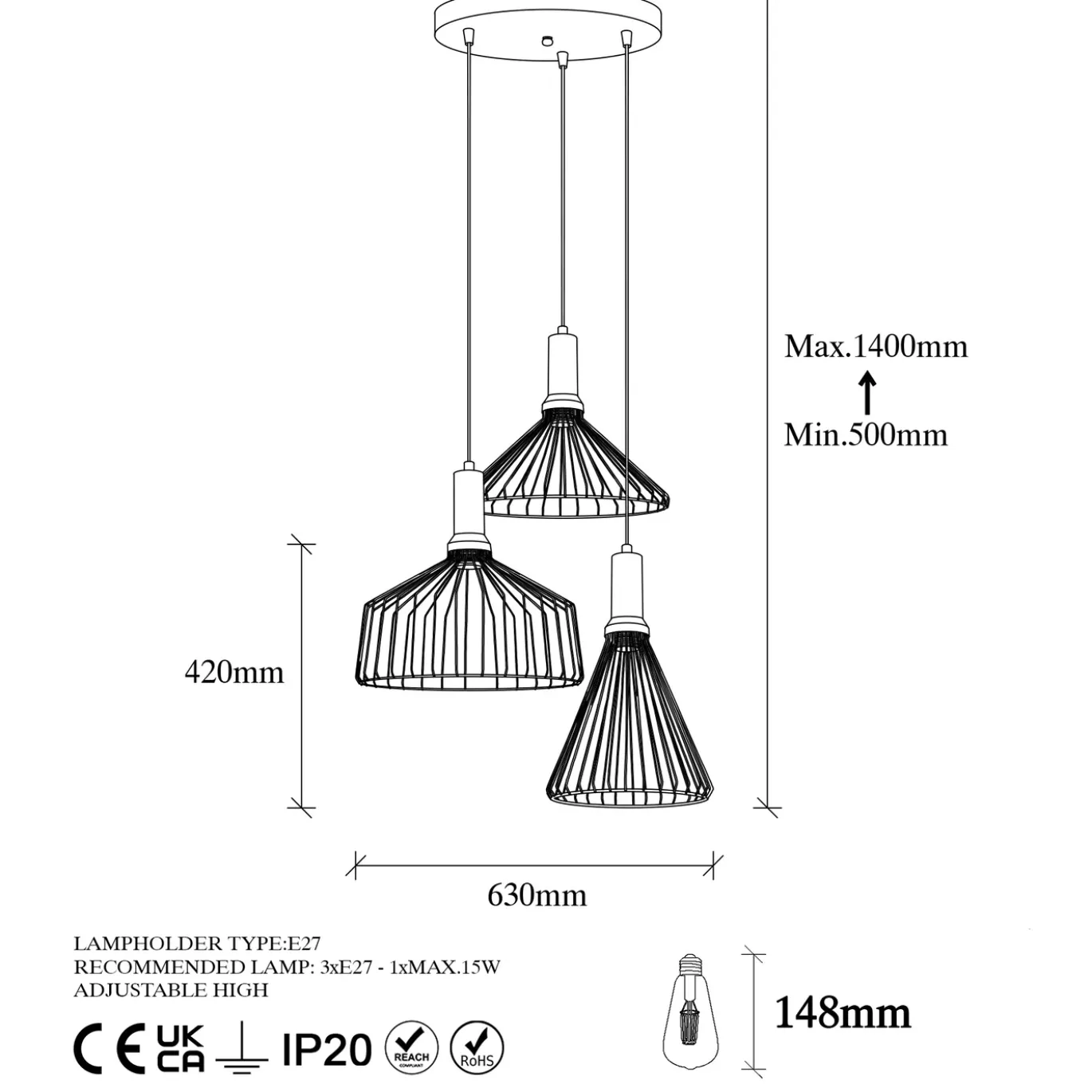 Hanglamp Dear 3-Lichts Zwart