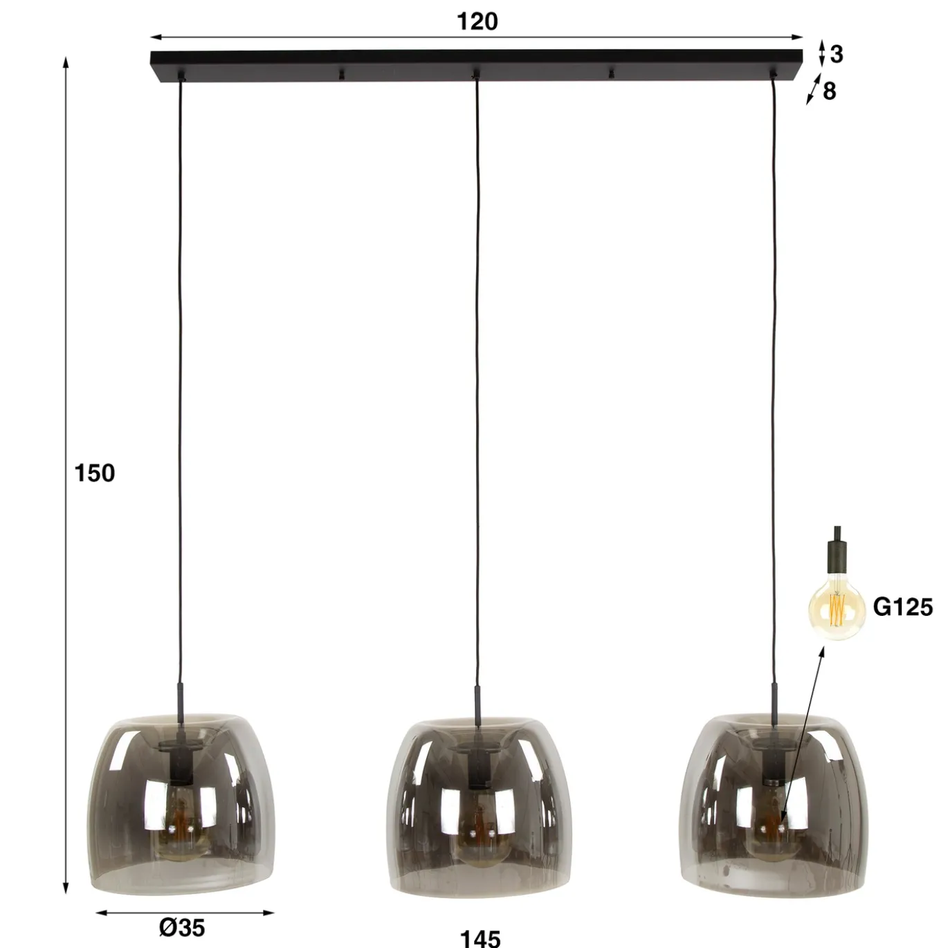 Hanglamp Drift Glass 3-Lichts Smoke - Giga Meubel