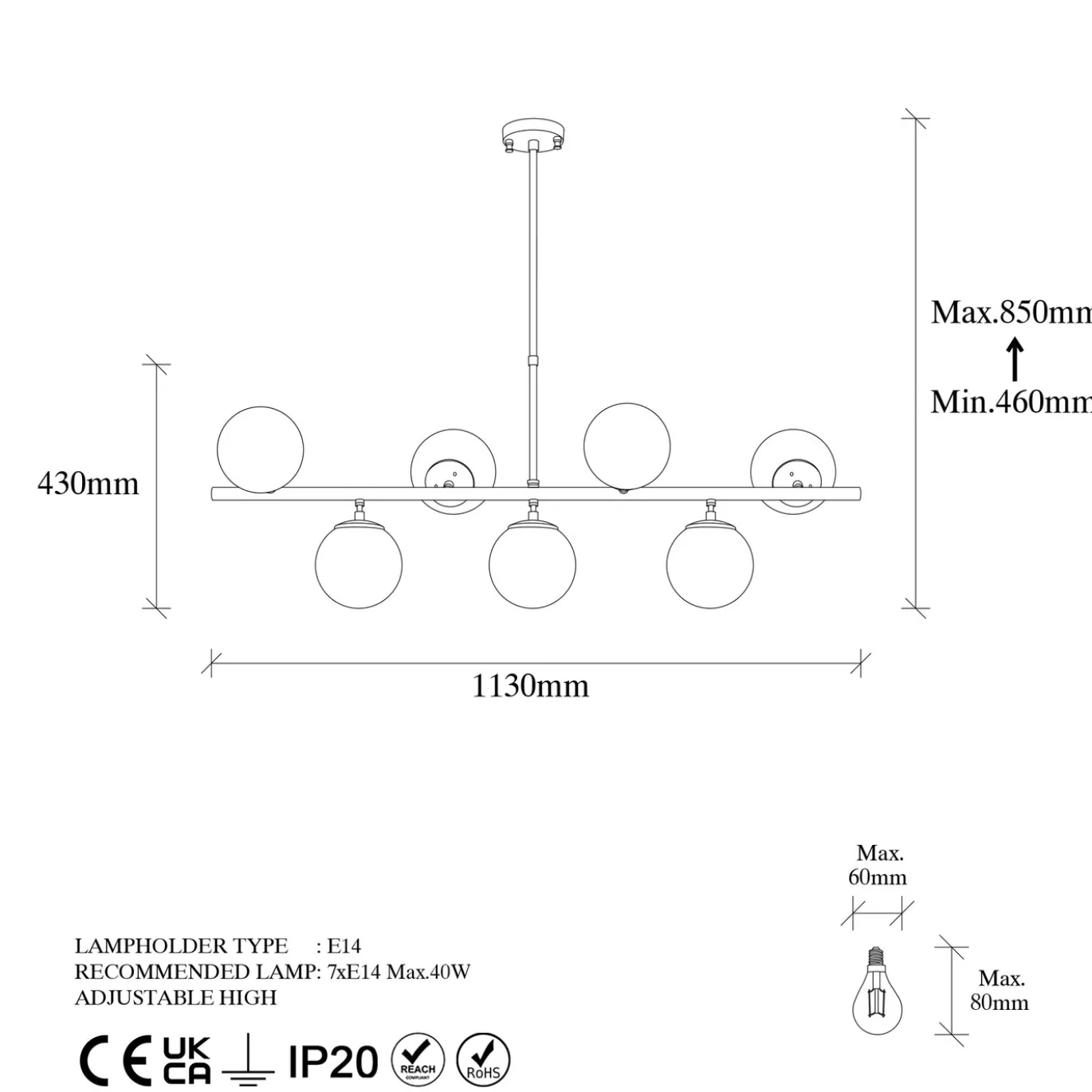 Hanglamp Fazli Metaal Zwart Wit 7-Lichts