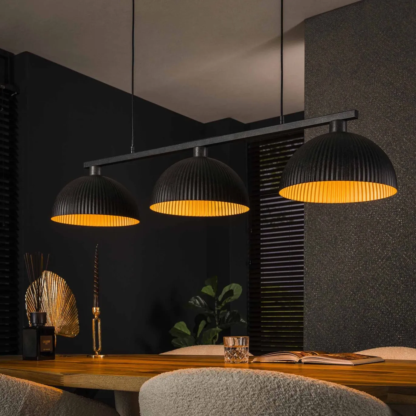 Hanglamp Halfronde Kap-Ribbel 3-Lichts Metaal Zwart - Giga Meubel