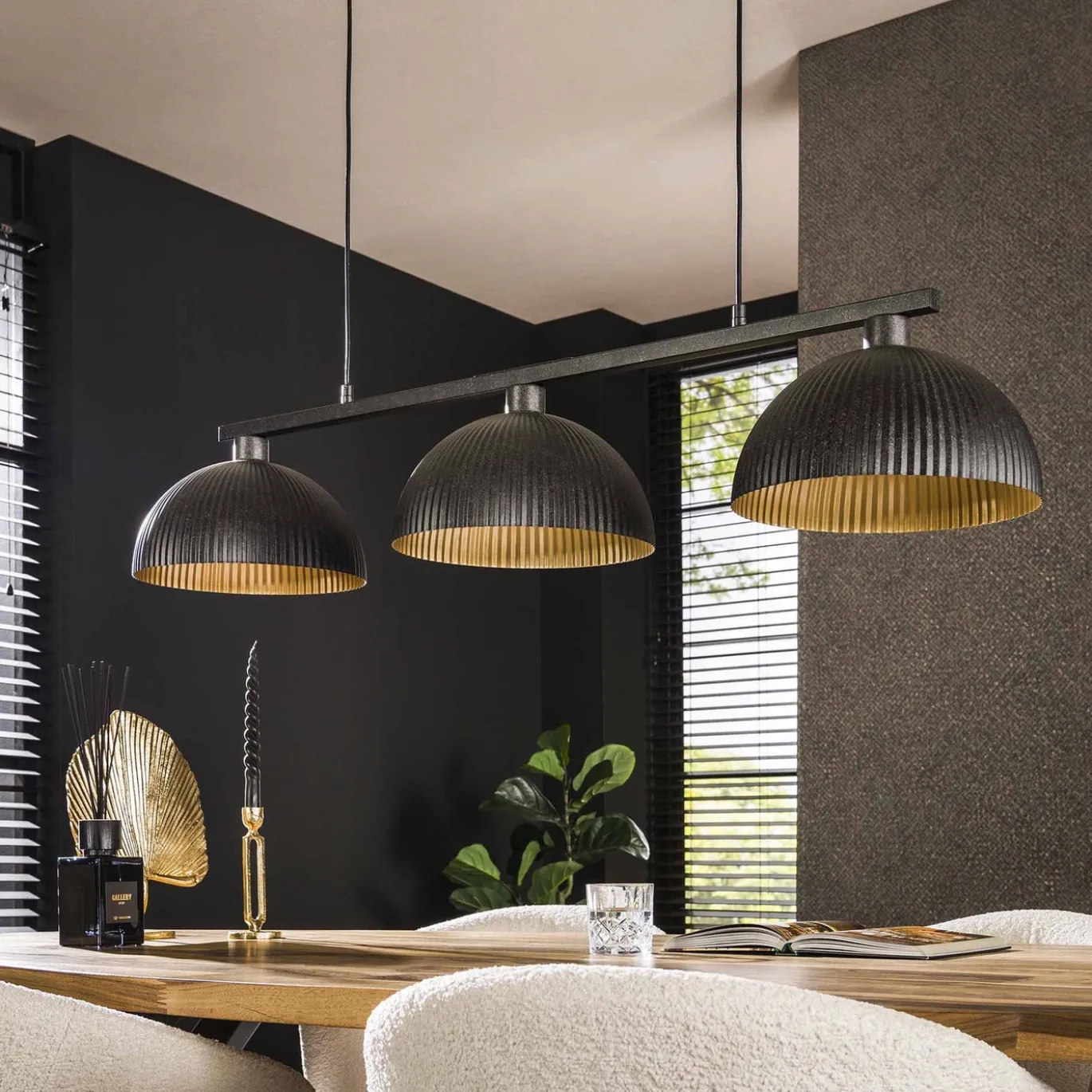 Hanglamp Halfronde Kap-Ribbel 3-Lichts Metaal Zwart - Giga Meubel