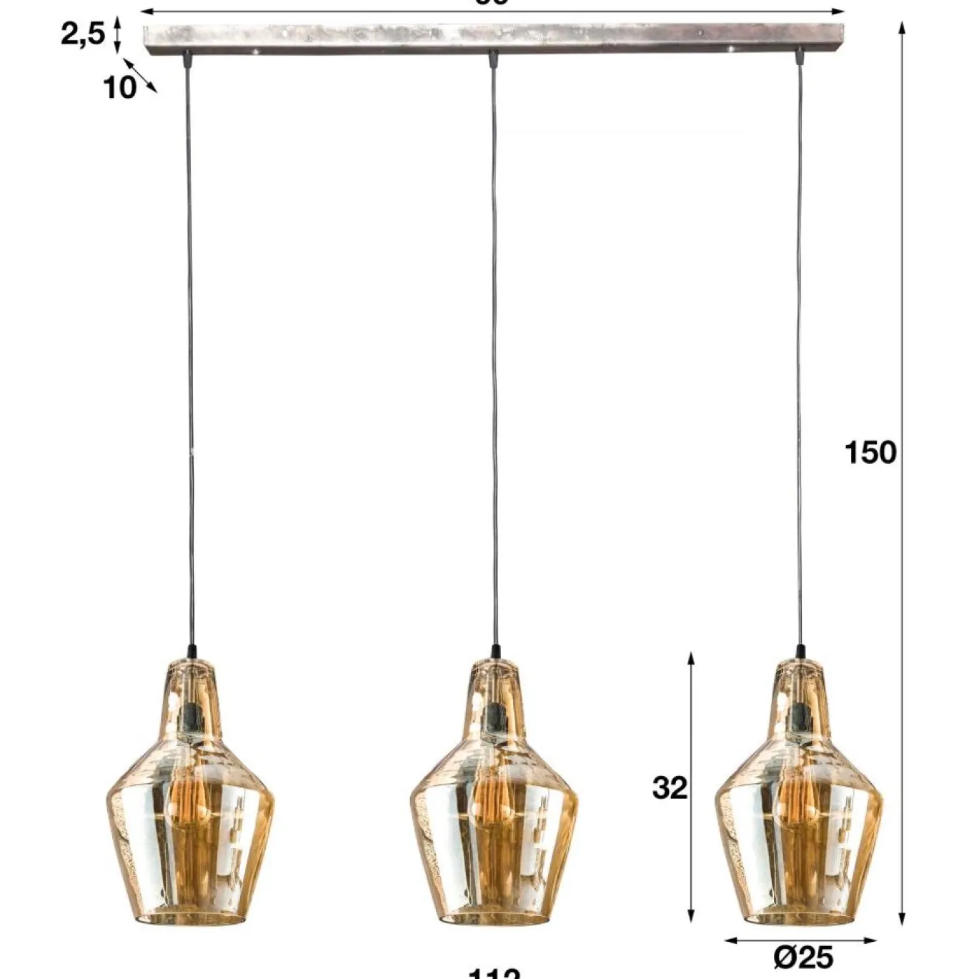 Hanglamp 3L Amber Glas Kegel - Giga Meubel