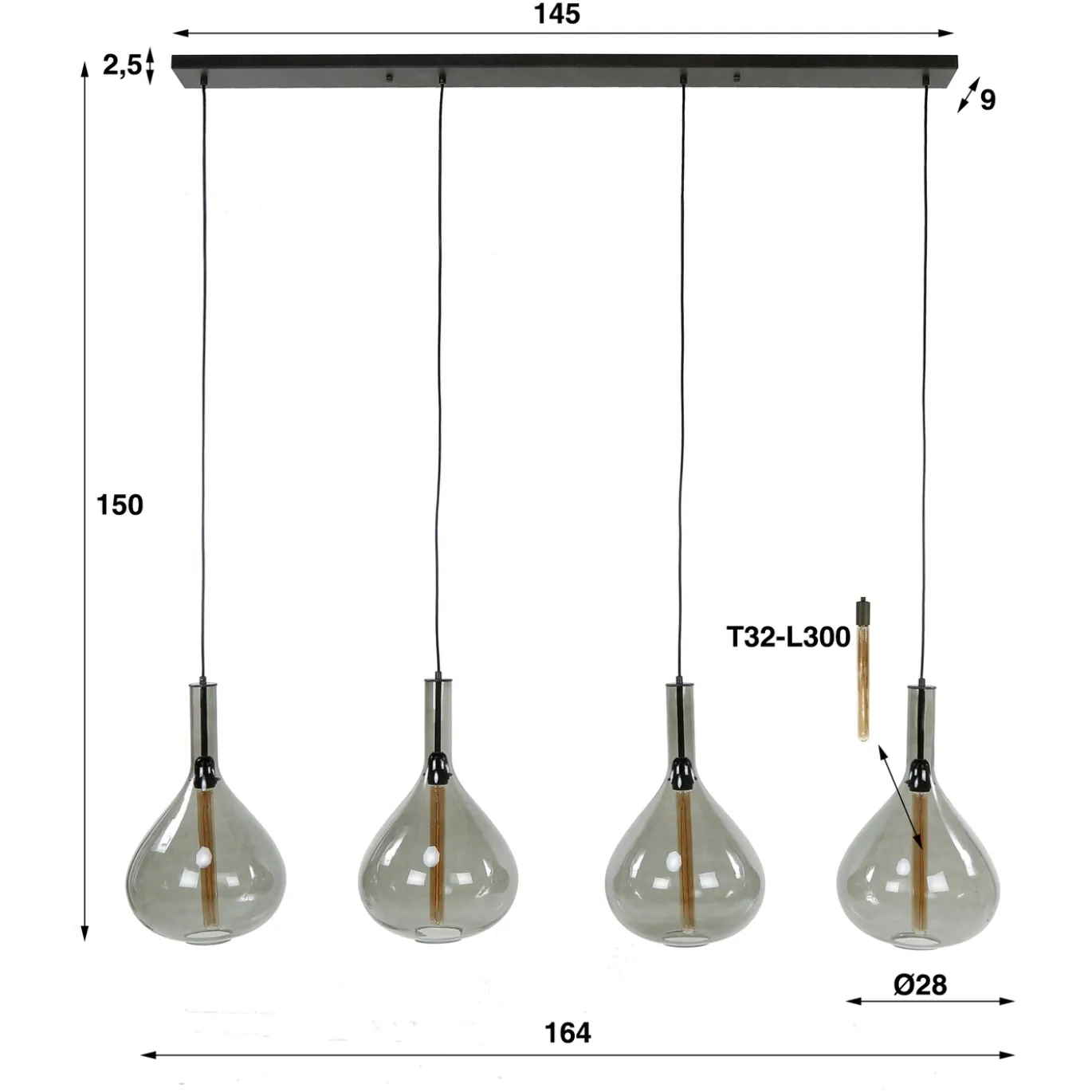 Hanglamp 4L Drop Smoke Glas Artic Zwart - Giga Meubel