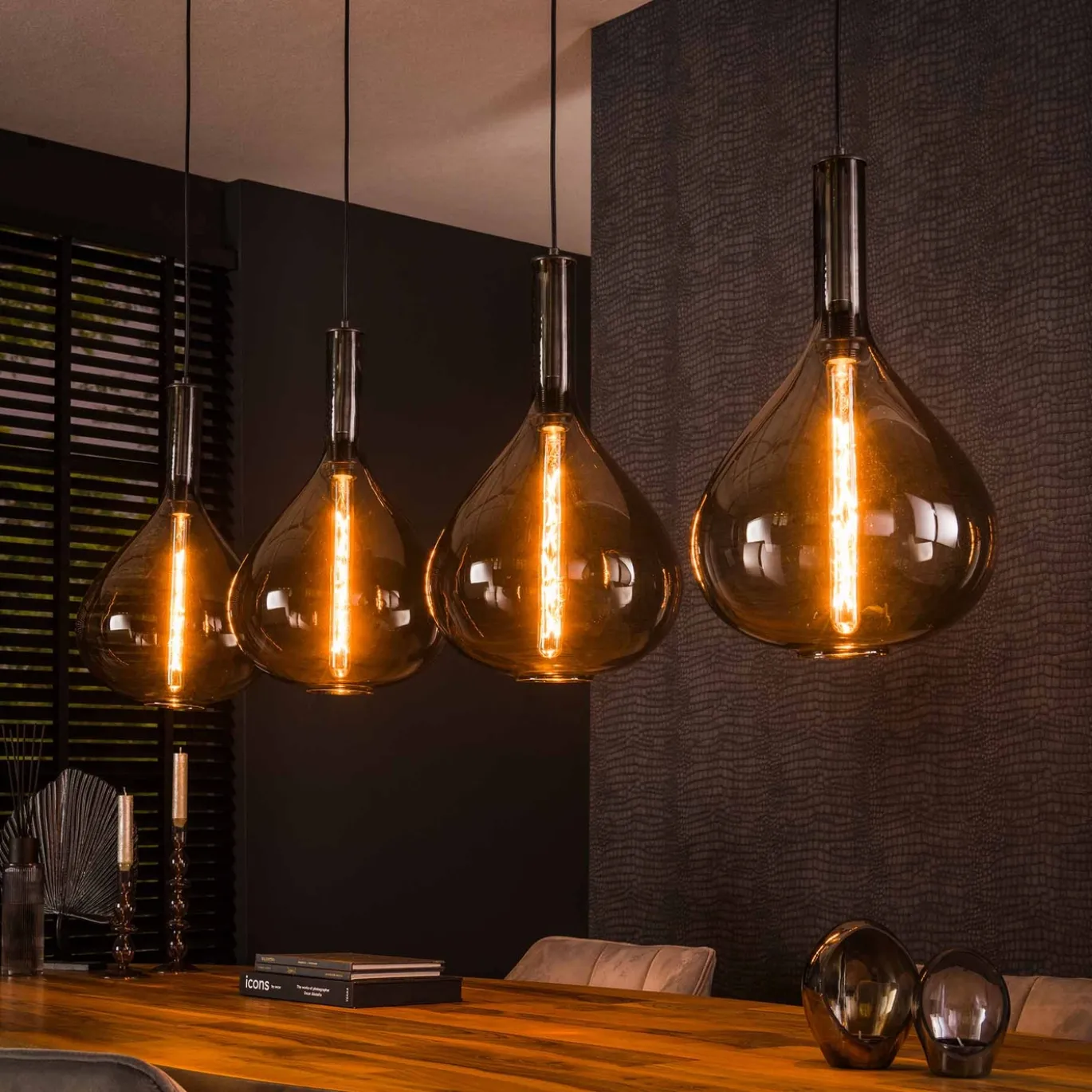 Hanglamp 4L Drop Smoke Glas Artic Zwart - Giga Meubel