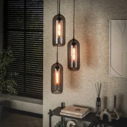 Hanglamp 3-Lichts Getrapt Smoke Glas Geperforeerd Staal - Giga Meubel