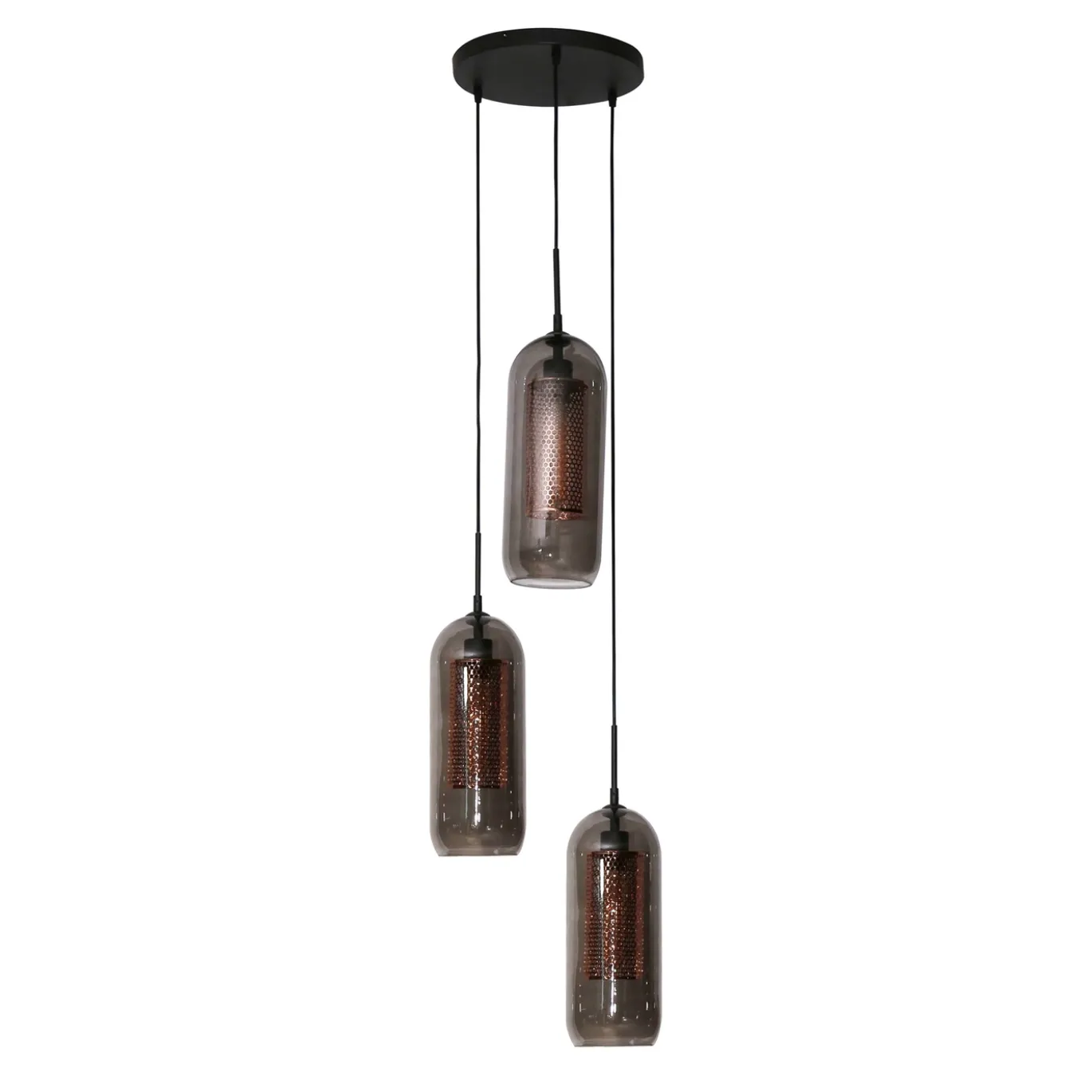 Hanglamp 3-Lichts Getrapt Smoke Glas Geperforeerd Staal - Giga Meubel