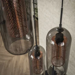 Hanglamp 3-Lichts Getrapt Smoke Glas Geperforeerd Staal - Giga Meubel