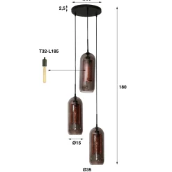 Hanglamp 3-Lichts Getrapt Smoke Glas Geperforeerd Staal - Giga Meubel