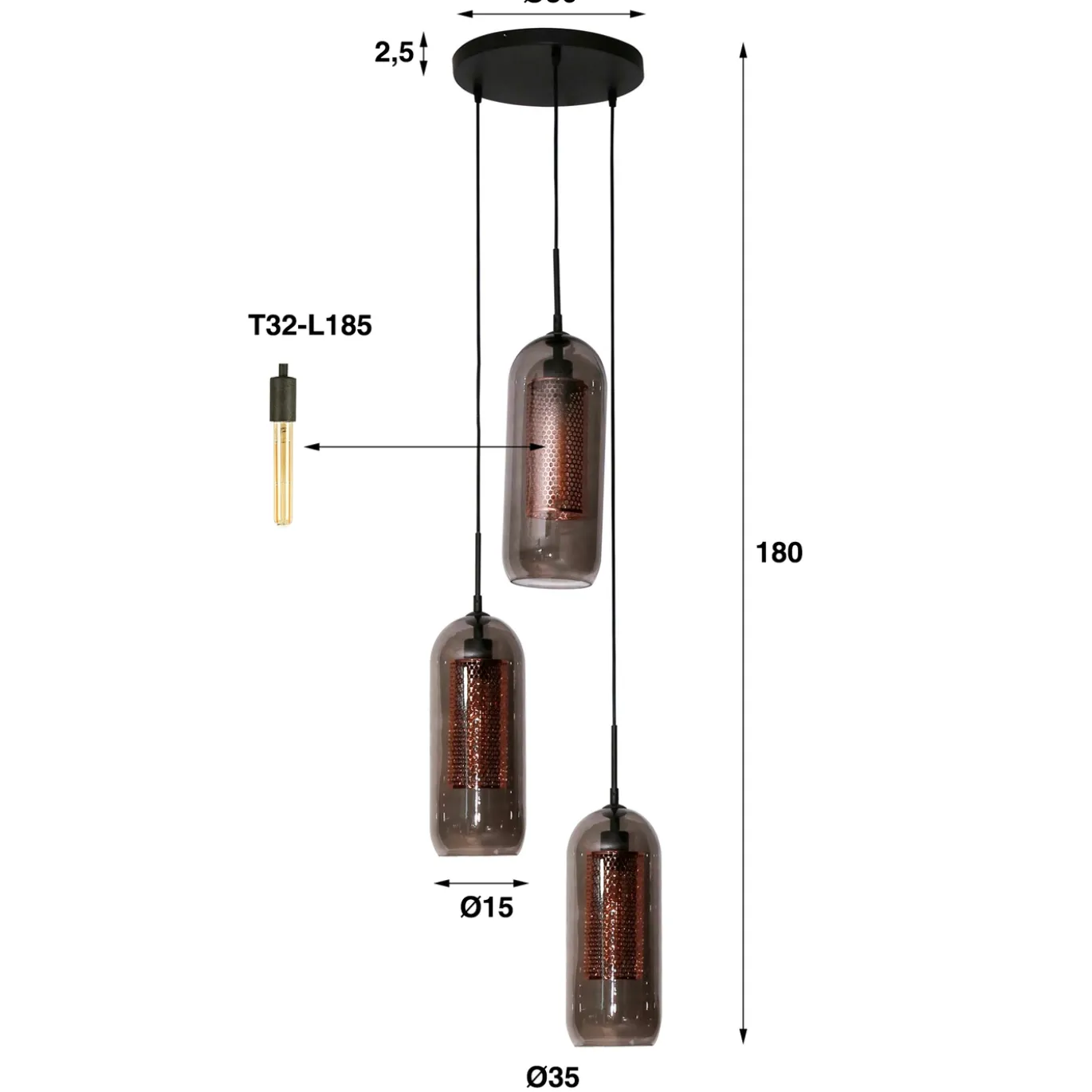 Hanglamp 3-Lichts Getrapt Smoke Glas Geperforeerd Staal - Giga Meubel