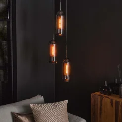 Hanglamp 3-Lichts Getrapt Smoke Glas Geperforeerd Staal - Giga Meubel