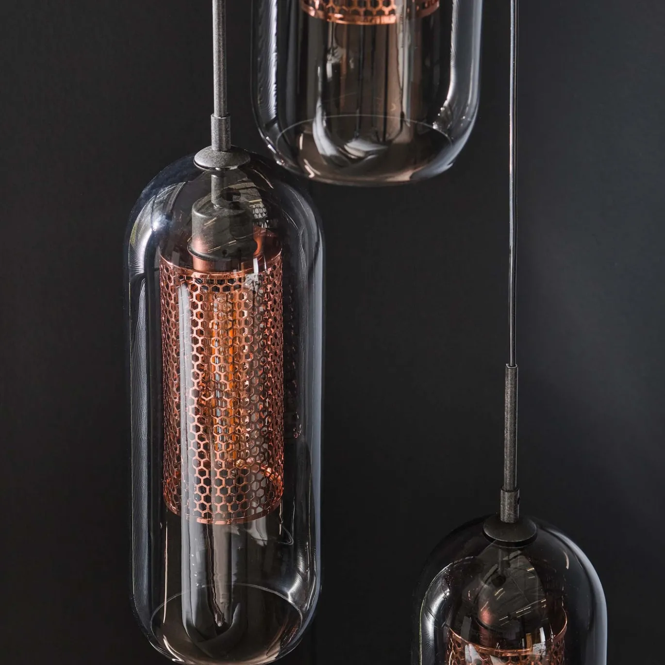 Hanglamp 3-Lichts Getrapt Smoke Glas Geperforeerd Staal - Giga Meubel