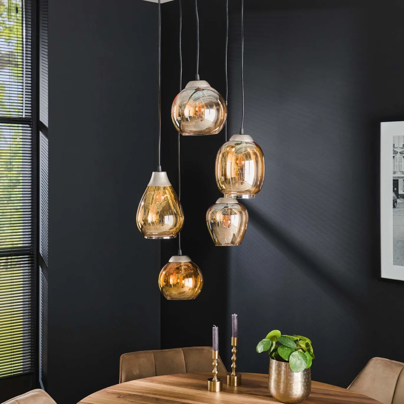 Hanglamp 5-Lichts Mix Getrapt Amberkleurig Glas - Giga Meubel