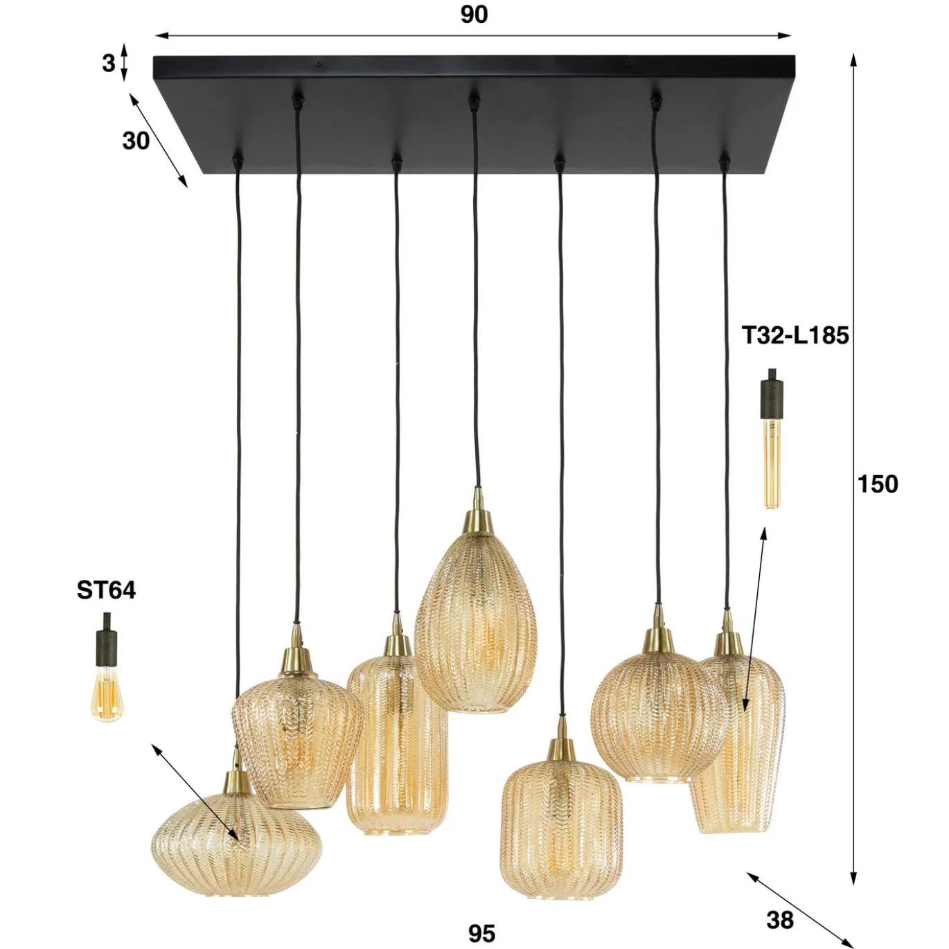 Hanglamp 7-Lichts Pattern Mix Amberkleurig Glas - Giga Meubel