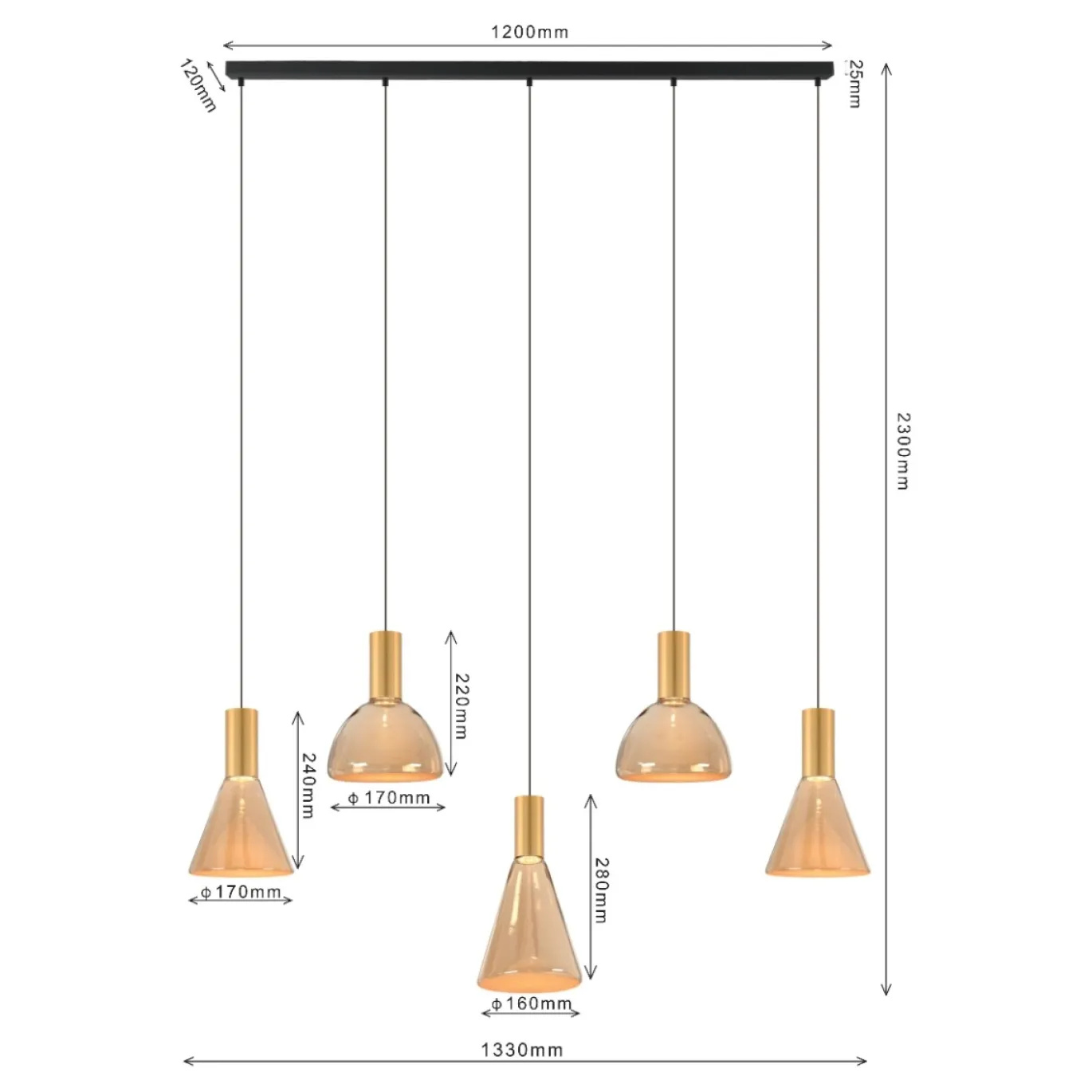 Hanglamp Lisa Zwart/Brons 120cm - Giga Meubel