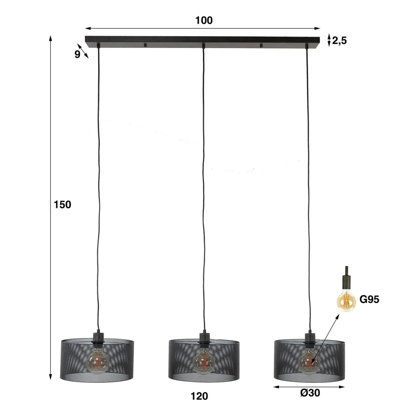 Hanglamp 3L Mesh Rond Artic Zwart - Giga Meubel
