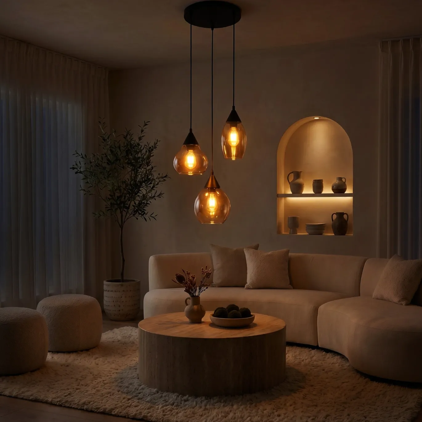 Hanglamp Mees 3-Lichts Amber Glas - Giga Meubel