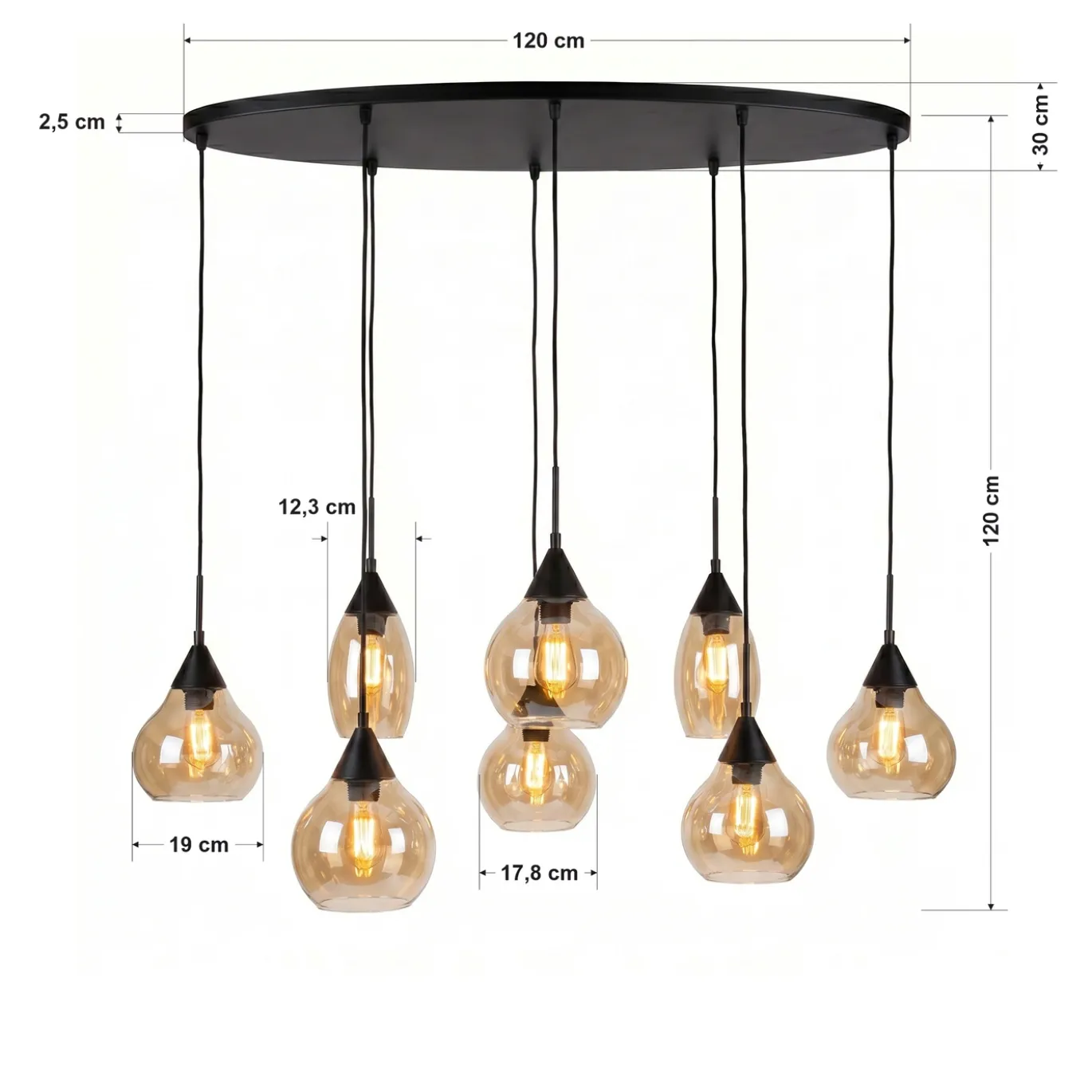 Hanglamp Mees 8-Lichts Amber Glas - Giga Meubel