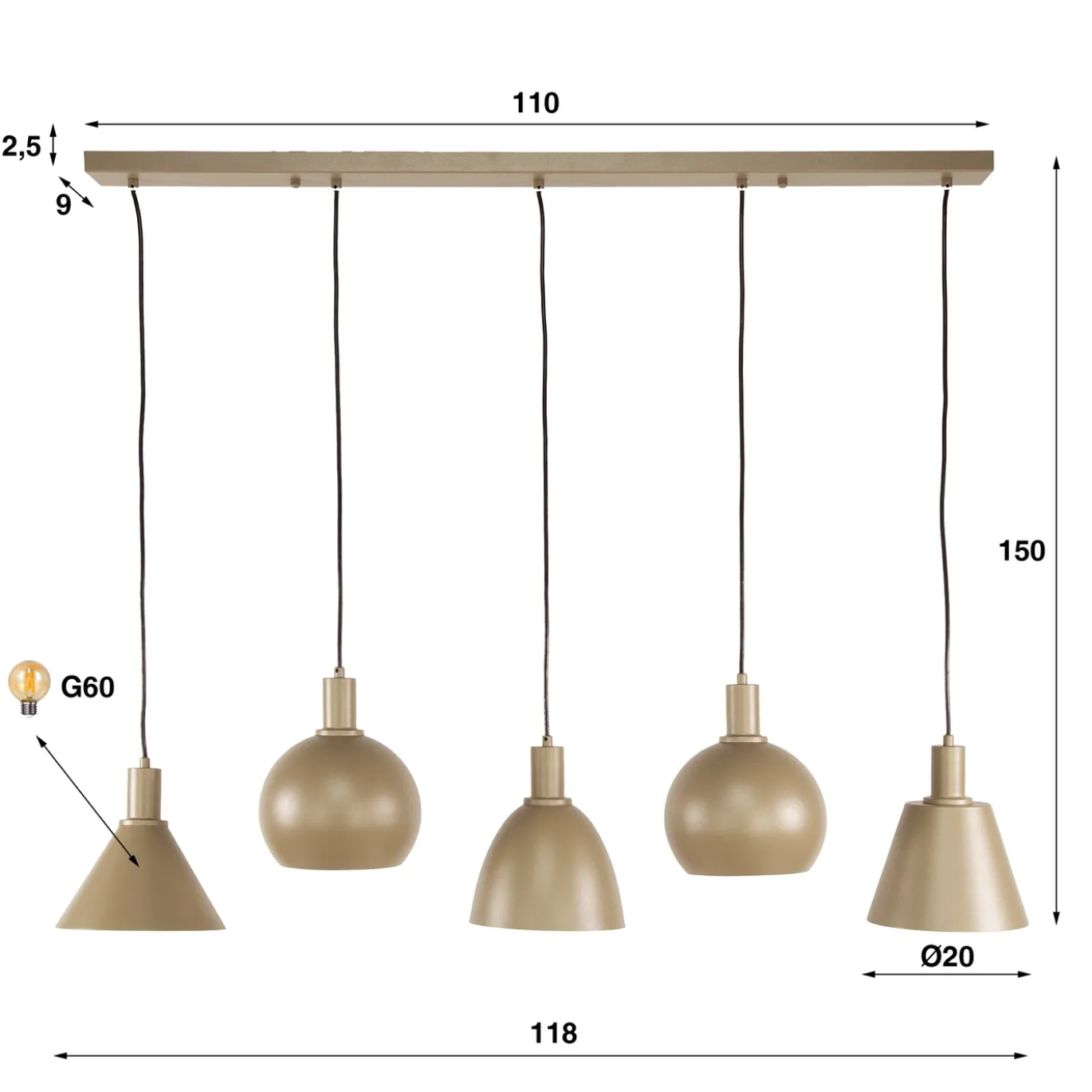 Hanglamp Metallo Mix 5-lichts Beige - Giga Meubel