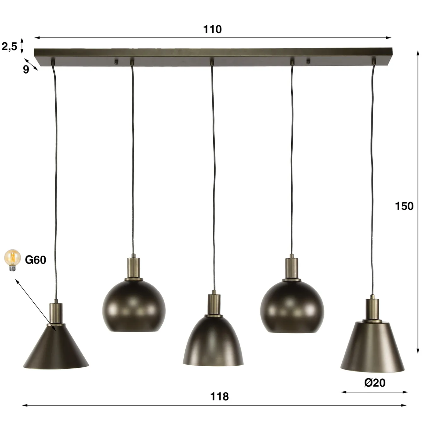 Hanglamp Metallo Mix 5-lichts Sienna Bruin - Giga Meubel
