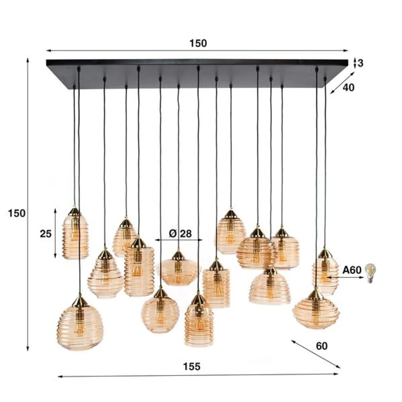 Hanglamp 5+5+5 Rib Glass Amber - Giga Meubel