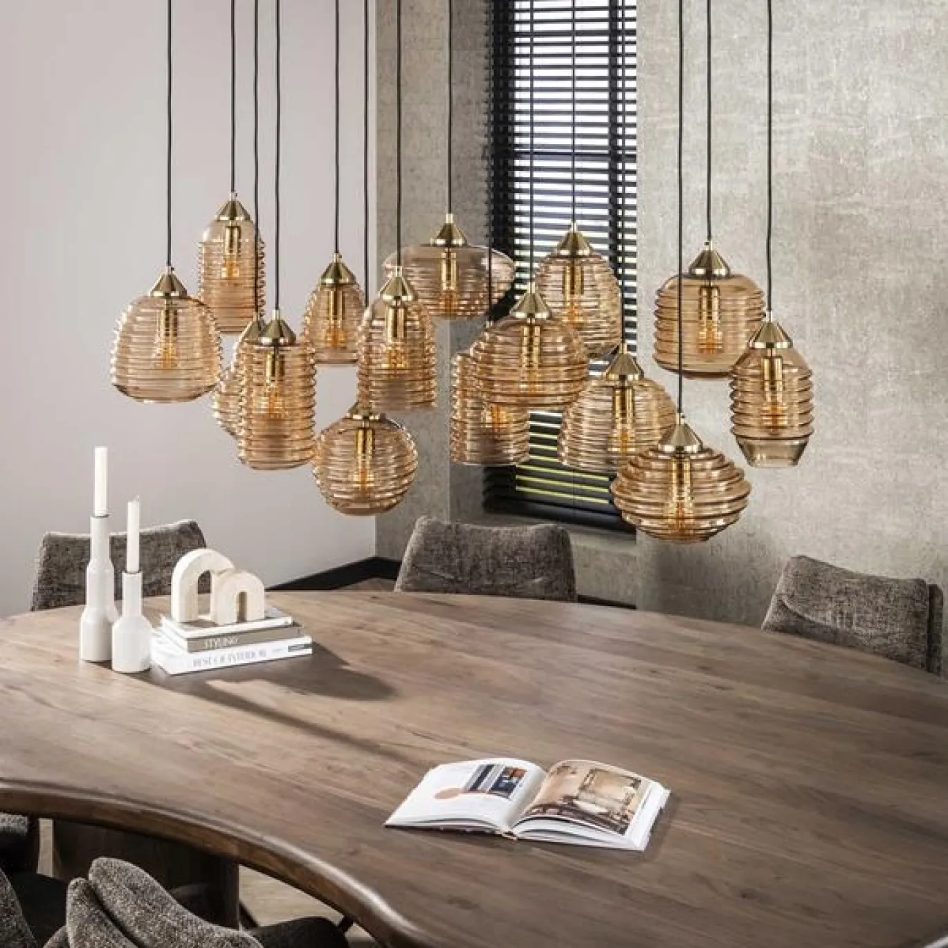 Hanglamp 5+5+5 Rib Glass Amber - Giga Meubel