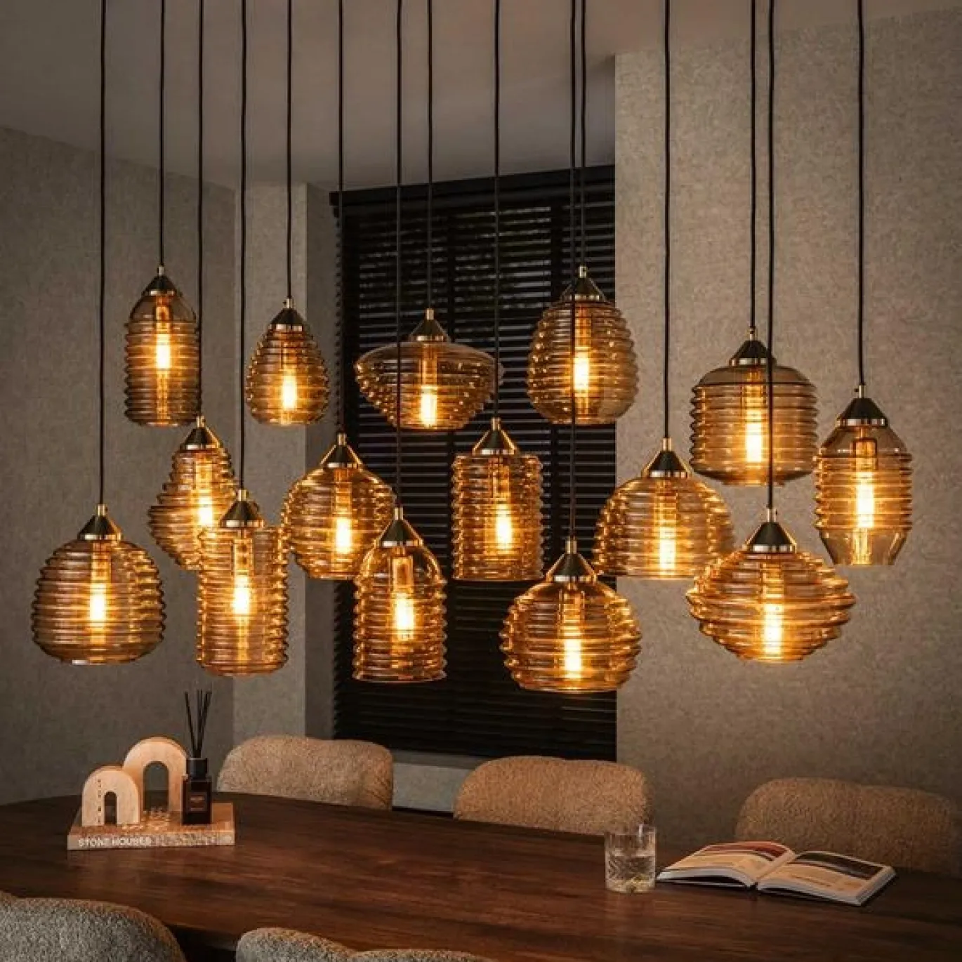 Hanglamp 5+5+5 Rib Glass Amber - Giga Meubel