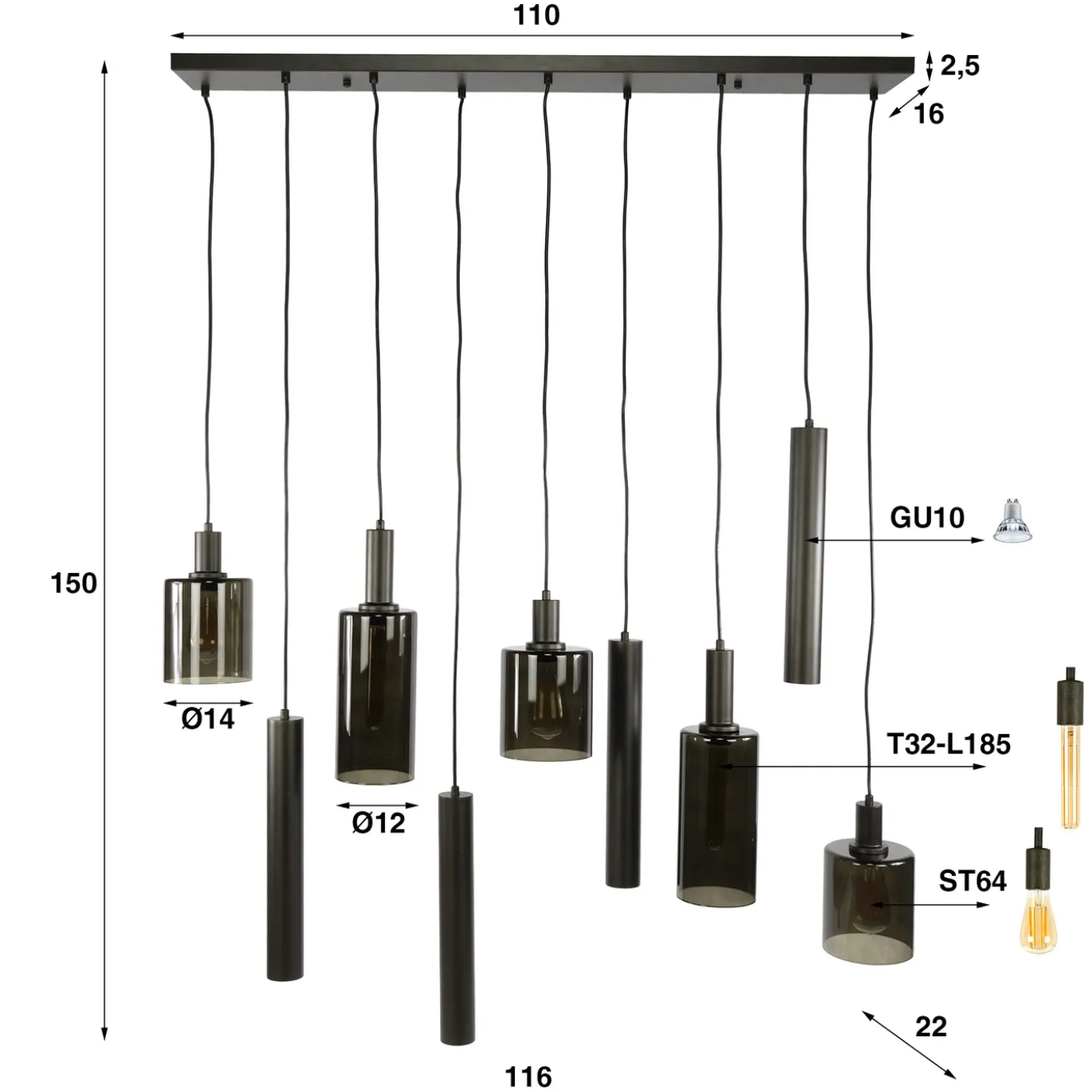 Hanglamp Sepiora 5+4-lichts Sienna Bruin - Giga Meubel