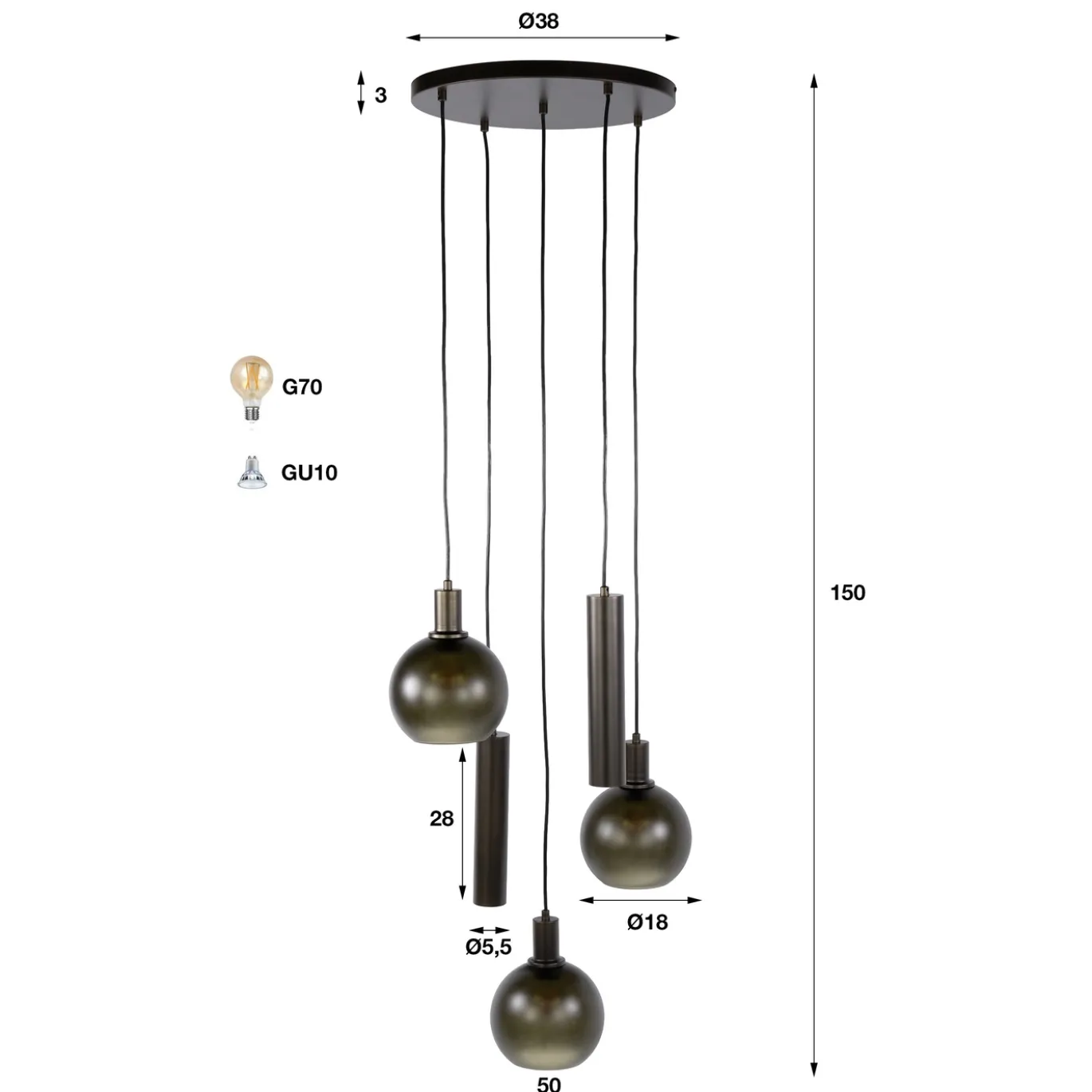 Hanglamp Sfera Tricolore Getrapt 5-Lichts Sienna Bruin/Frosted - Giga Meubel
