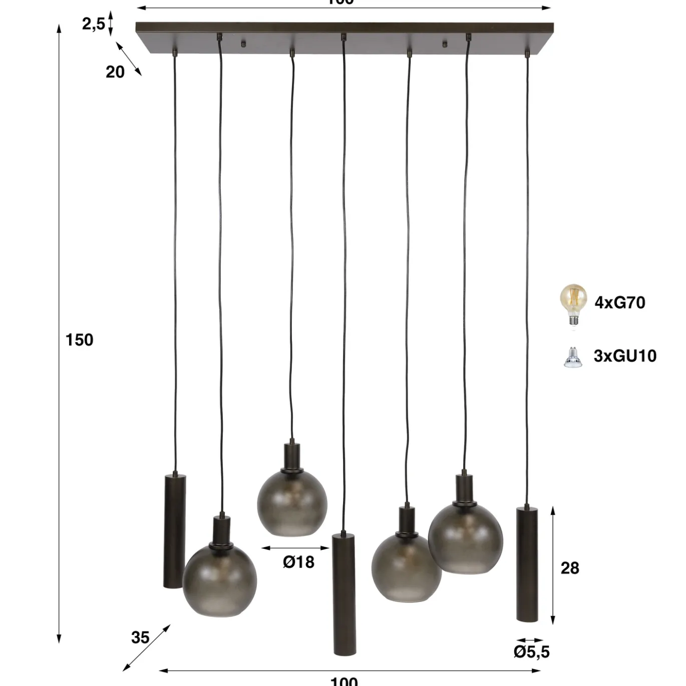 Hanglamp Sfera Tricolore 4+3-lichts Sienna Bruin-frosted - Giga Meubel