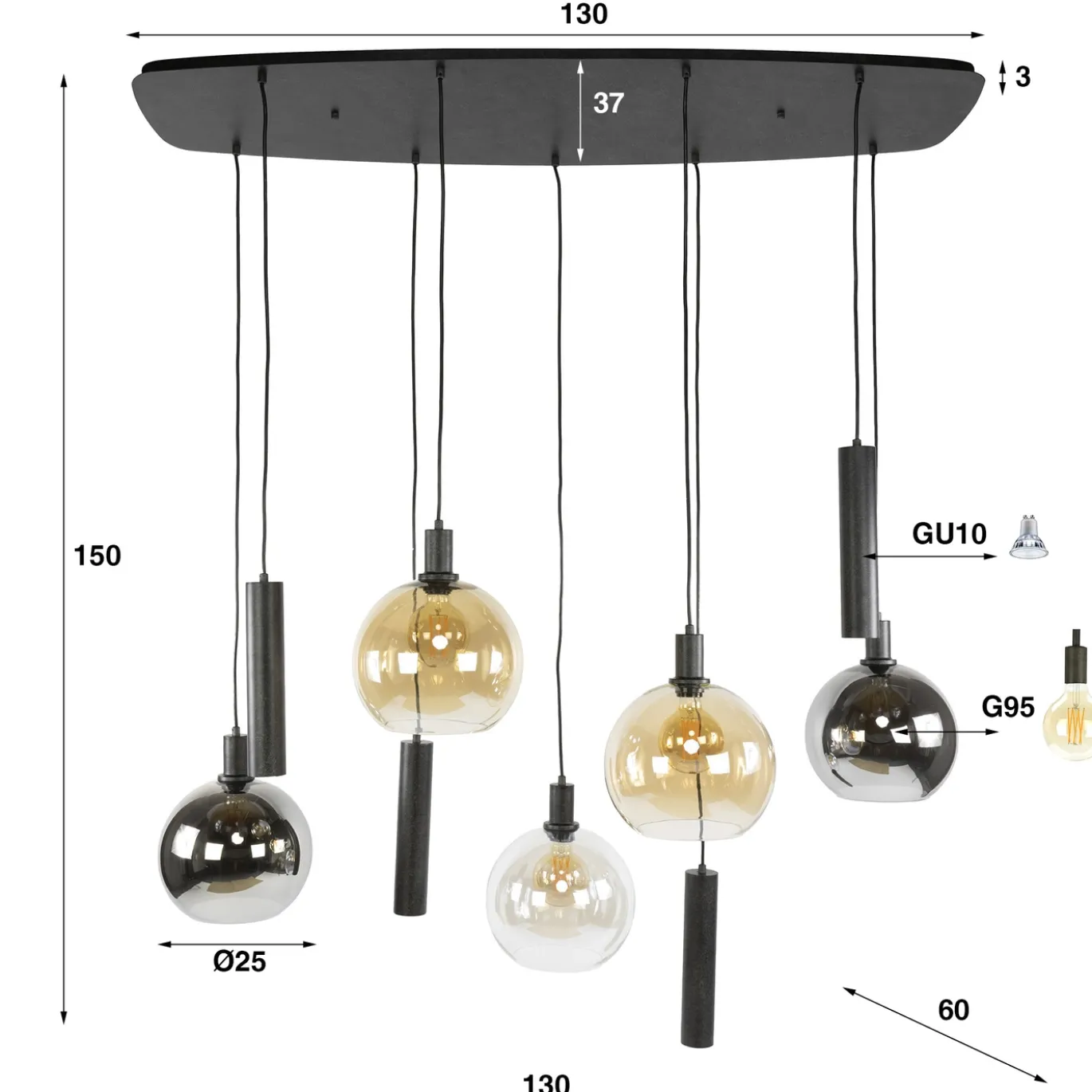 Hanglamp Sfera Tricolore 5+4-lichts Artic Zwart - Giga Meubel