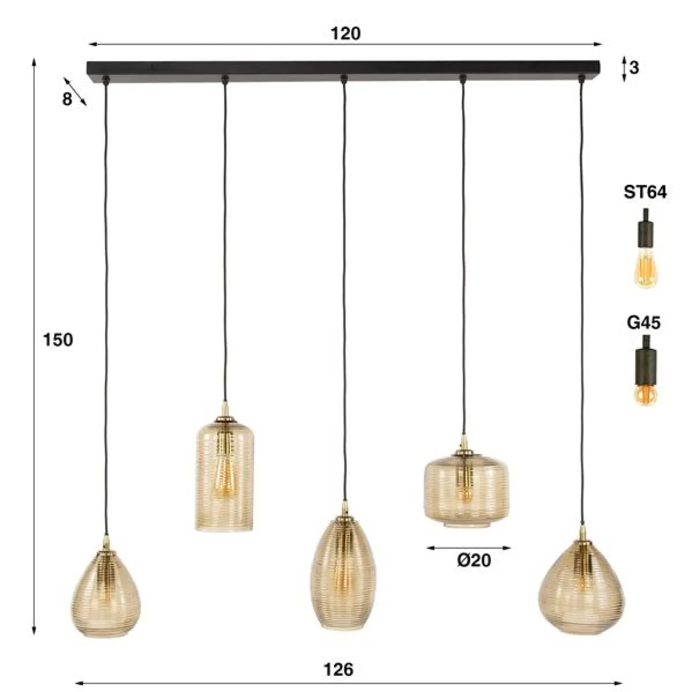 Hanglamp Stripe Glass Horizontaal 5-lichts Smoke Bruin - Giga Meubel